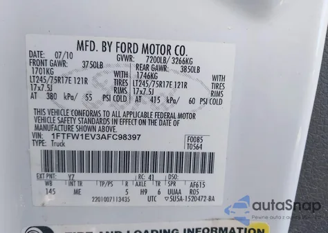 2010 Ford F-150 Fx4/Harley-Davidson/King Ranch/Lariat/Platinum/Xl/Xlt from USA, damaged, VIN 1FTFW1EV3AFC98397